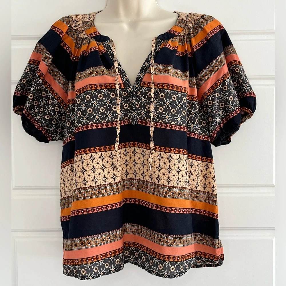 LOFT 'Foulard' Tie Neck Puff Sleeve Top Mixed Bohemian Print Cotton Size MP